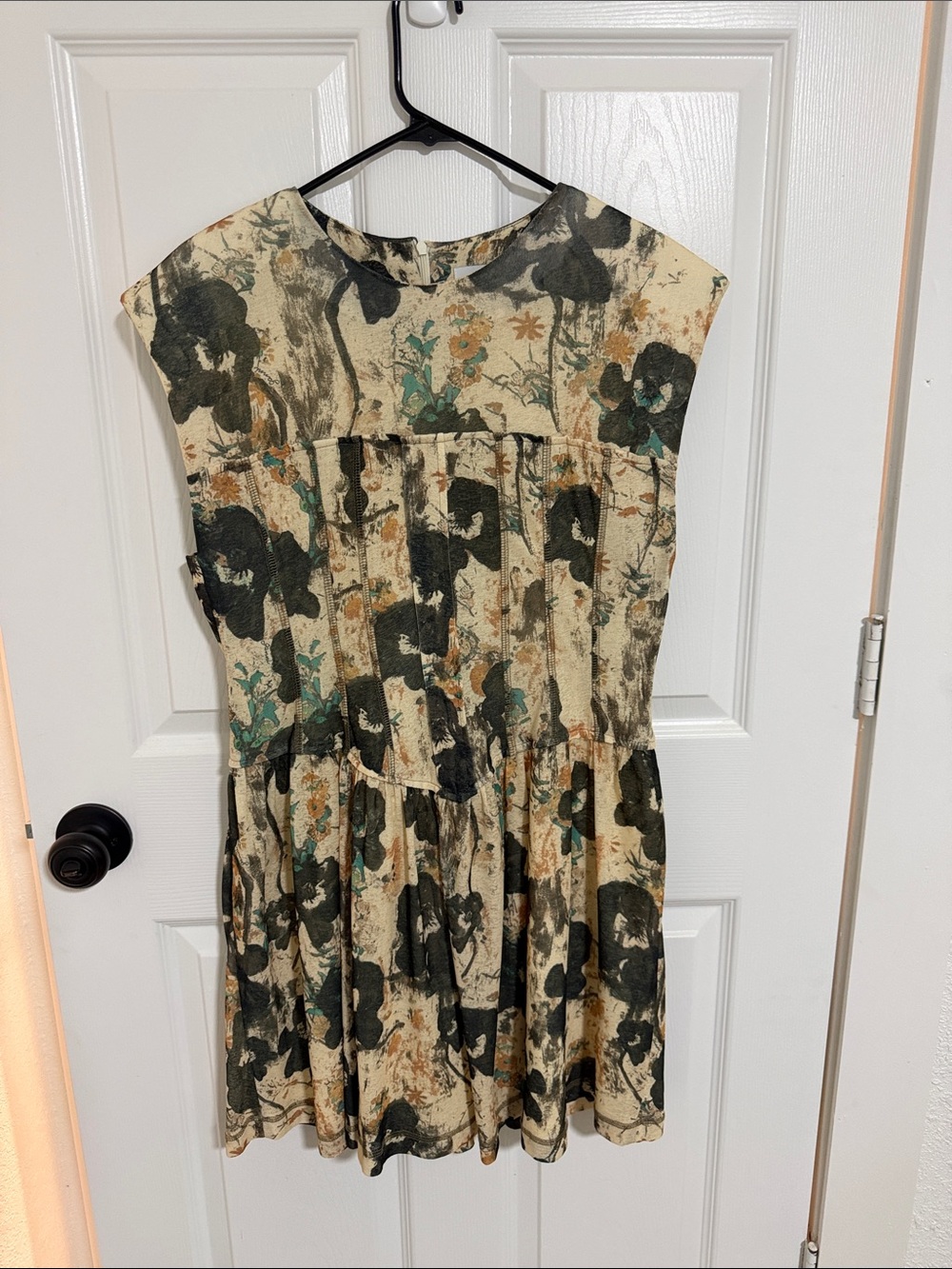 Ganni Olive, Cream and Teal Floral Tiered Mini Dress